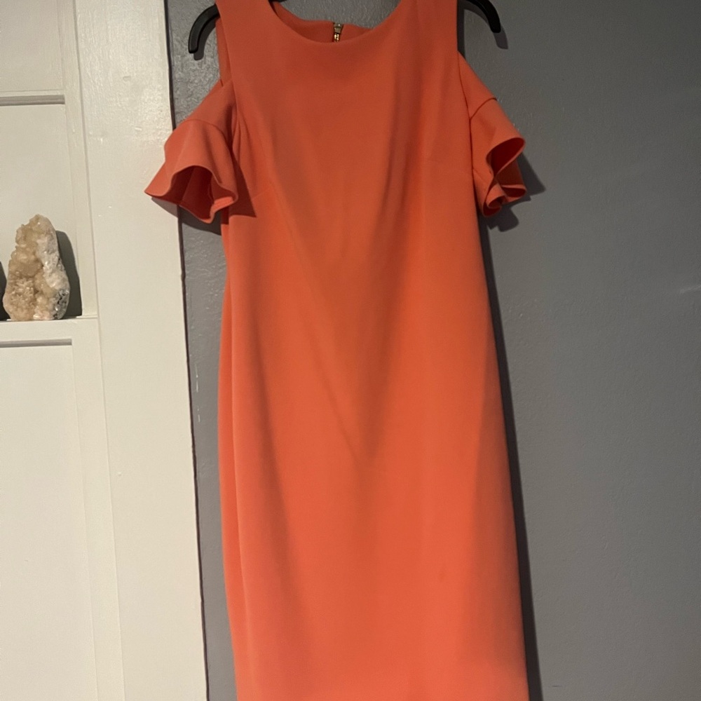 Calvin Klein orange off the shoulder dress